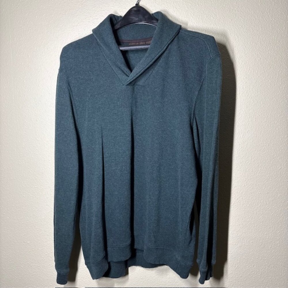 Tasso Elba Mens L Ribbed Knit Shawl Collar Button Green Pull Over Cotton Sweater